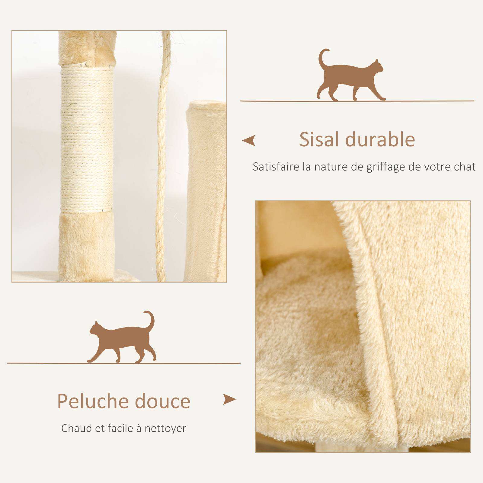 Arbre à chat bois et peluche beige 40 x 40 x 114 cm - PANGIVO - Image 8