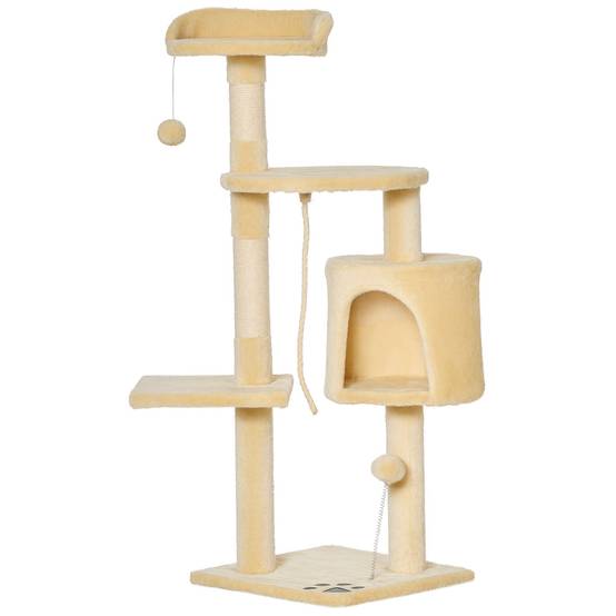 Arbre à chat bois et peluche beige 40 x 40 x 114 cm - PANGIVO - Image 1