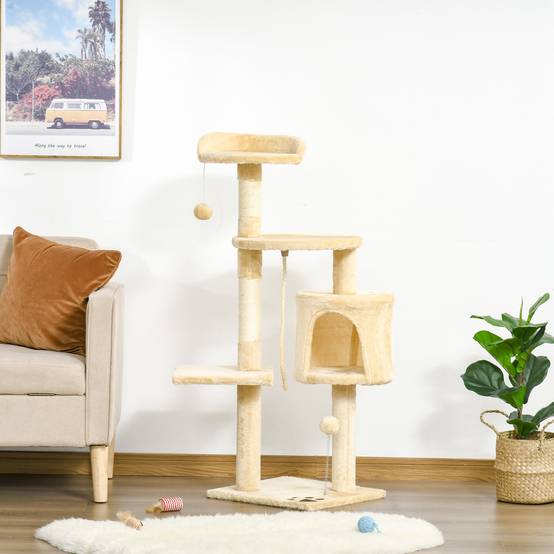 Arbre à chat bois et peluche beige 40 x 40 x 114 cm - PANGIVO - Image 4