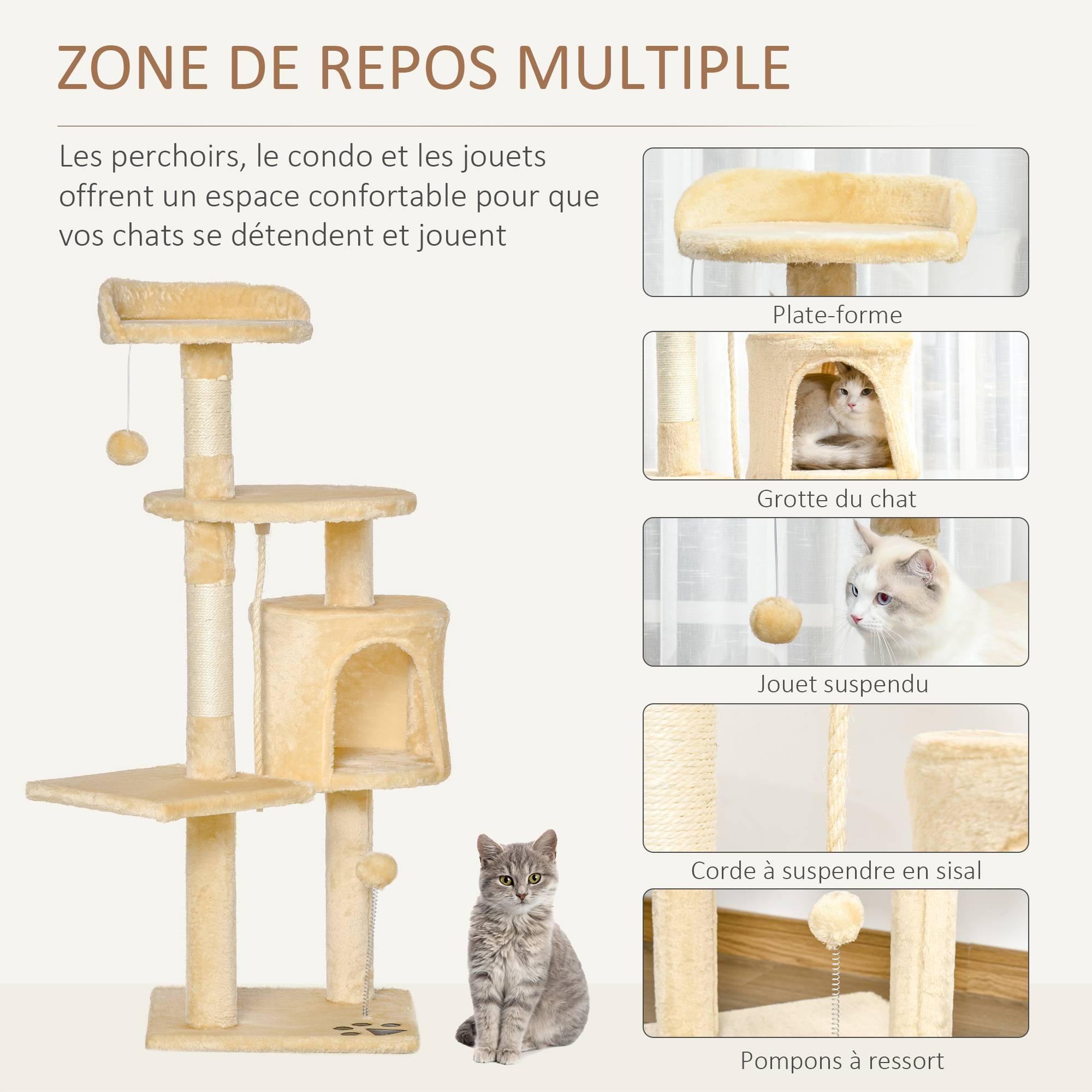 Arbre à chat bois et peluche beige 40 x 40 x 114 cm - PANGIVO - Image 7