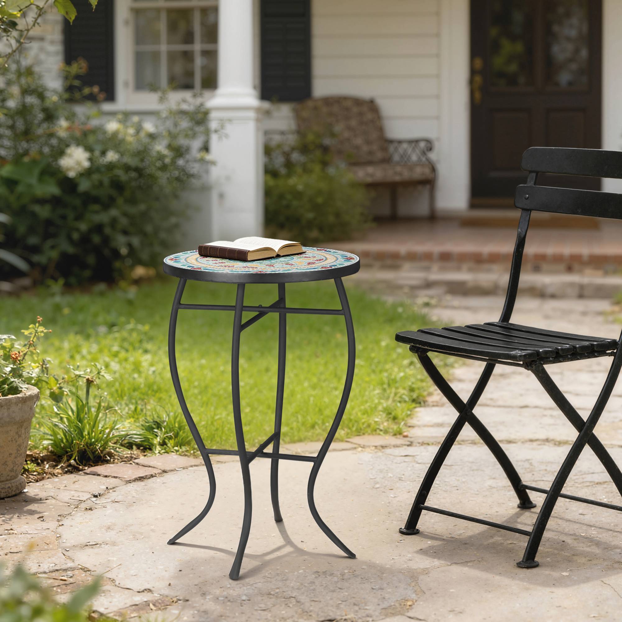 Table d'appoint ronde de jardin en mosaïque avec pieds en métal pour patio, terrasse ou balcon extérieur, 35,5 x 35,5 x 53,5 cm, turquoise - Image 4