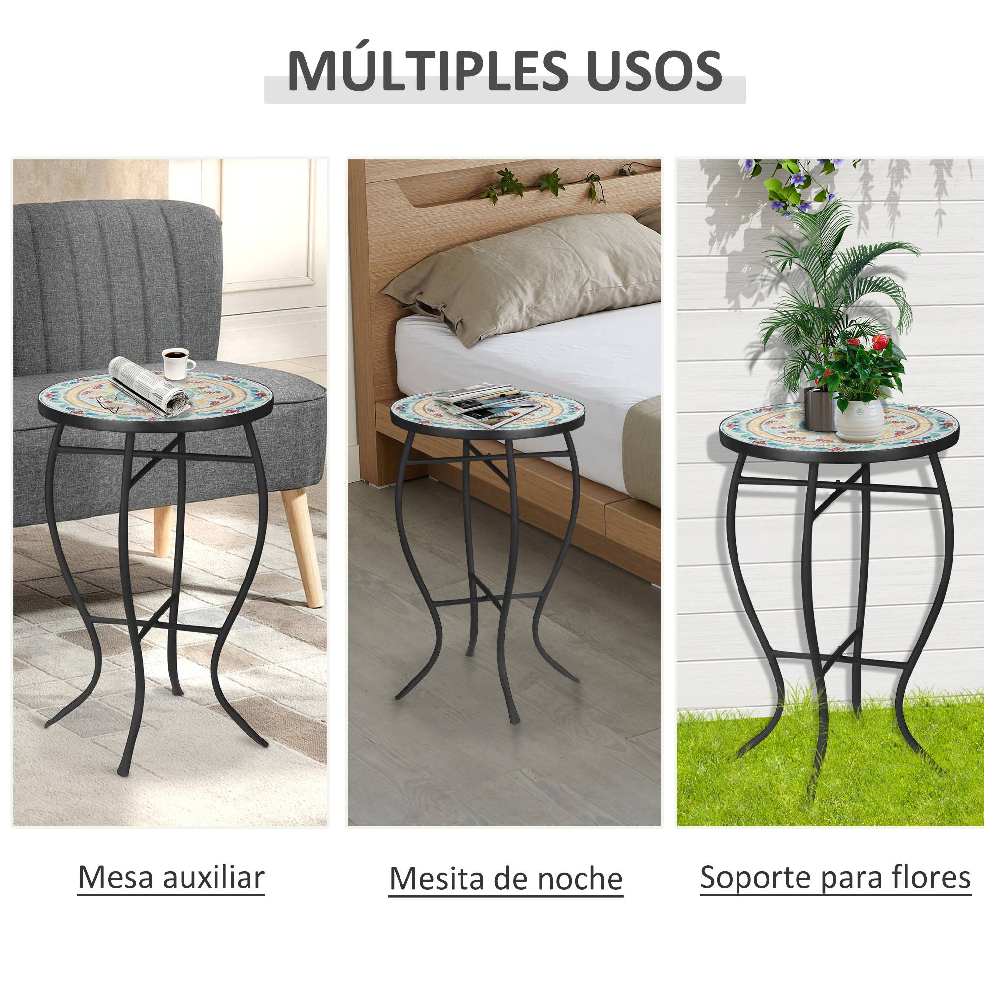 Table d'appoint ronde de jardin en mosaïque avec pieds en métal pour patio, terrasse ou balcon extérieur, 35,5 x 35,5 x 53,5 cm, turquoise - Image 7