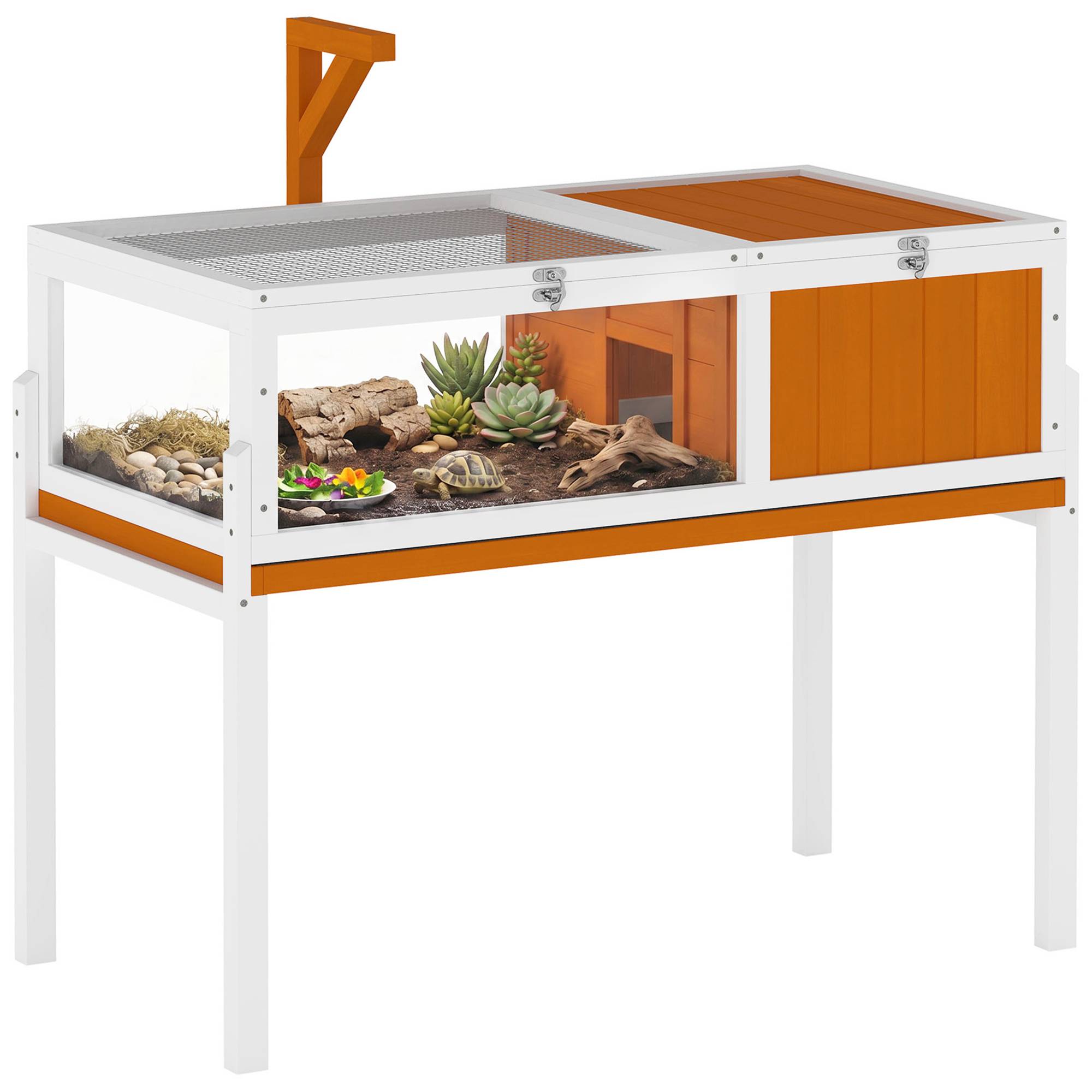 Sans Marque - Schildkrötenhaus aus Holz Schildkrötengehege mit Haupthaus, Sichtfenster, Deckel, 104cm x 53cm x 82cm, Weiß+Orange - Image 1