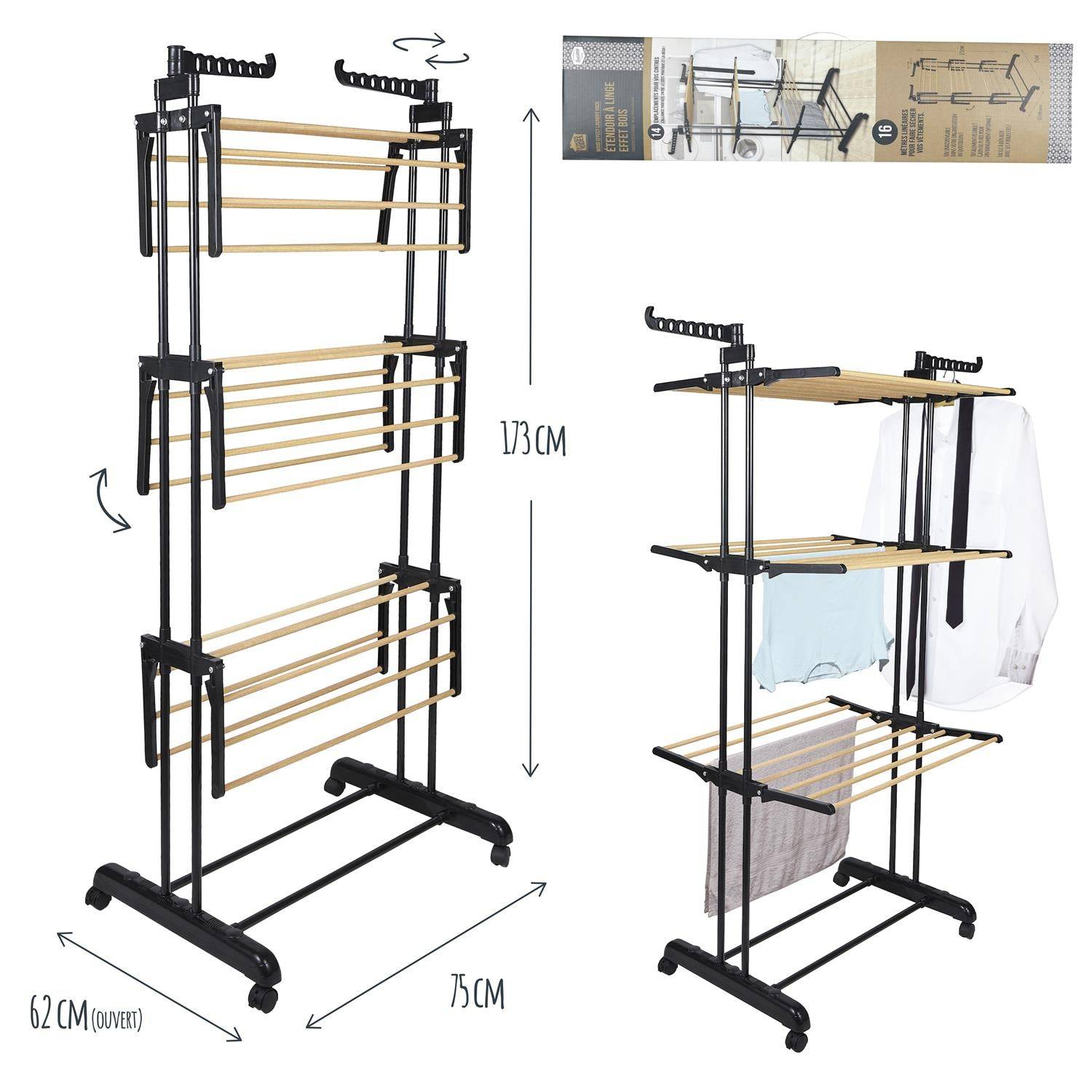 Importdistrib - Etendoir séchoir a linge  Effet Bois 3 Etages 73x64x173cm IMPORTDISTRIB - Image 2