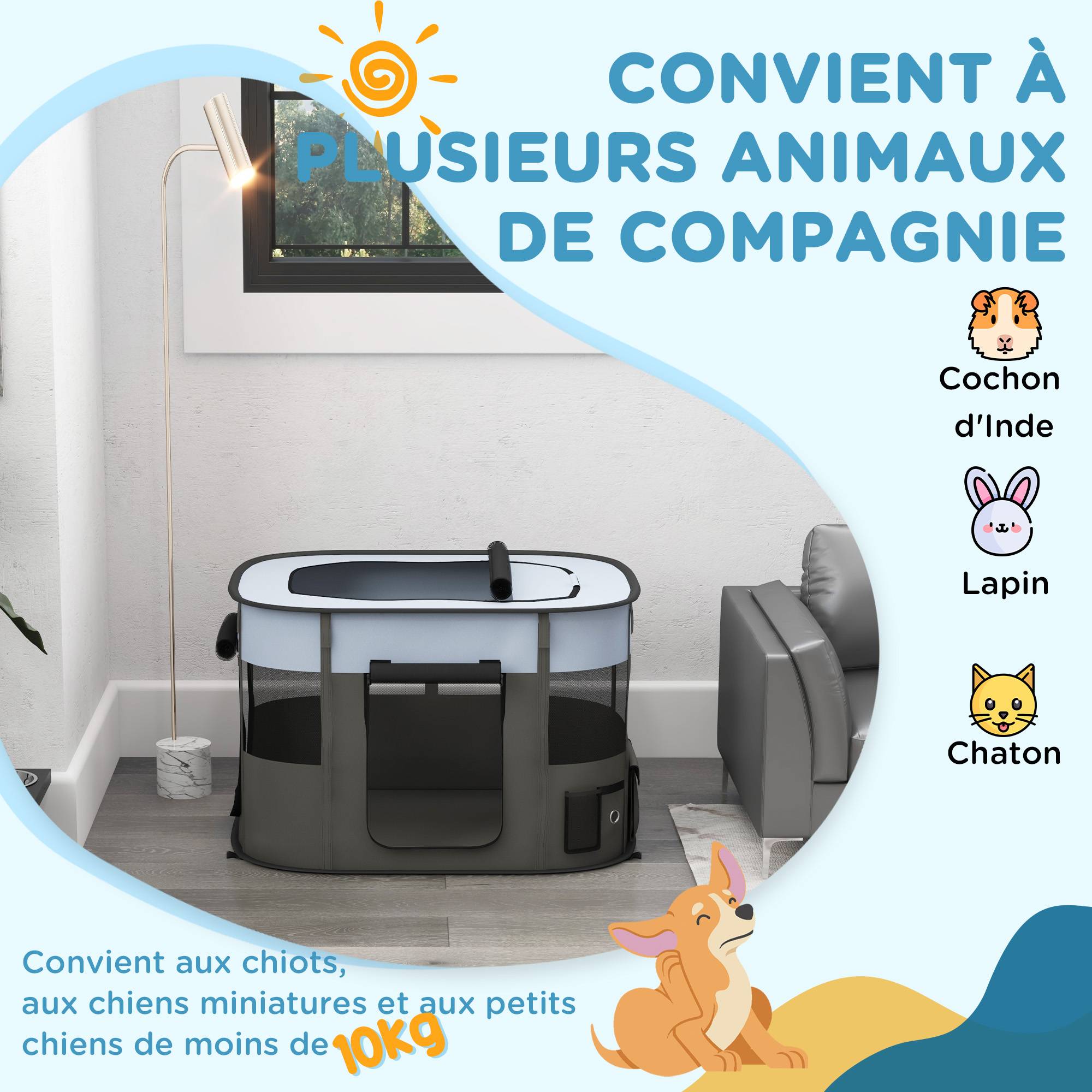 Parc enclos chiot tissu Oxford intérieur extérieur pliable aéré 94x74cm gris - ComfortXL Outdoor Living - Image 6