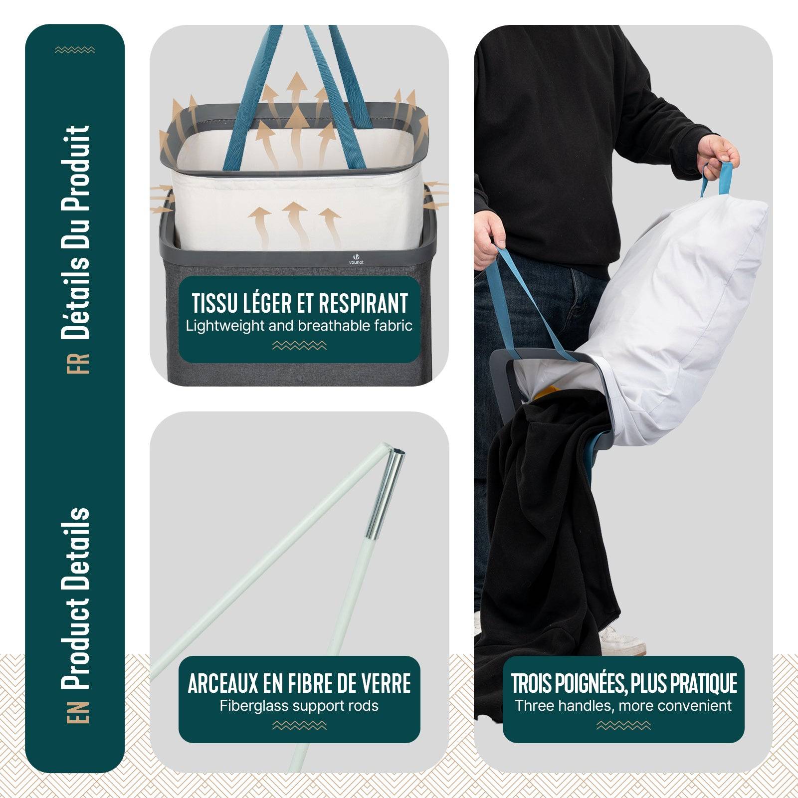 Vounot - Panier à linge 90L avec couvercle et sac amovible auto-ajustable - 1 compartiment - anthracite - VOUNOT® - Image 6