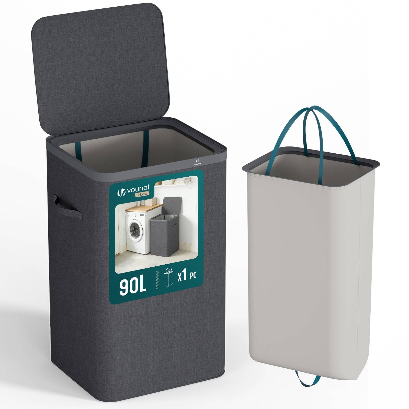 Vounot - Panier à linge 90L avec couvercle et sac amovible auto-ajustable - 1 compartiment - anthracite - VOUNOT® - Image 1