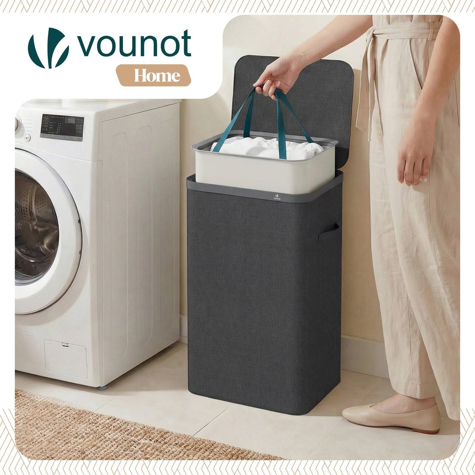 Vounot - Panier à linge 90L avec couvercle et sac amovible auto-ajustable - 1 compartiment - anthracite - VOUNOT® - Image 5