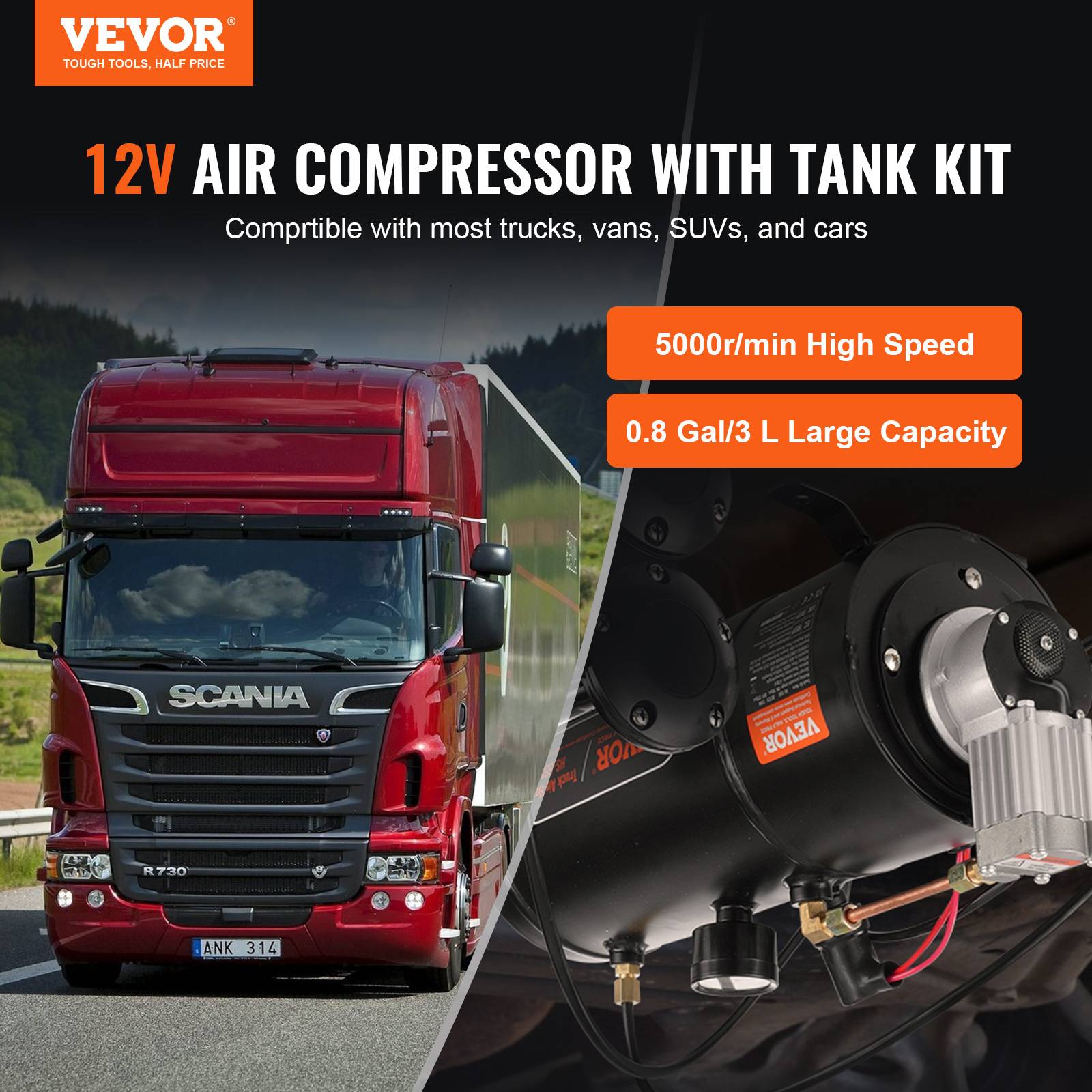 VEVOR Compresseur d'air 12V, réservoir 3L, 90-120 psi, pour gonflage pneus, matelas, compatible véhicules. - Image 2