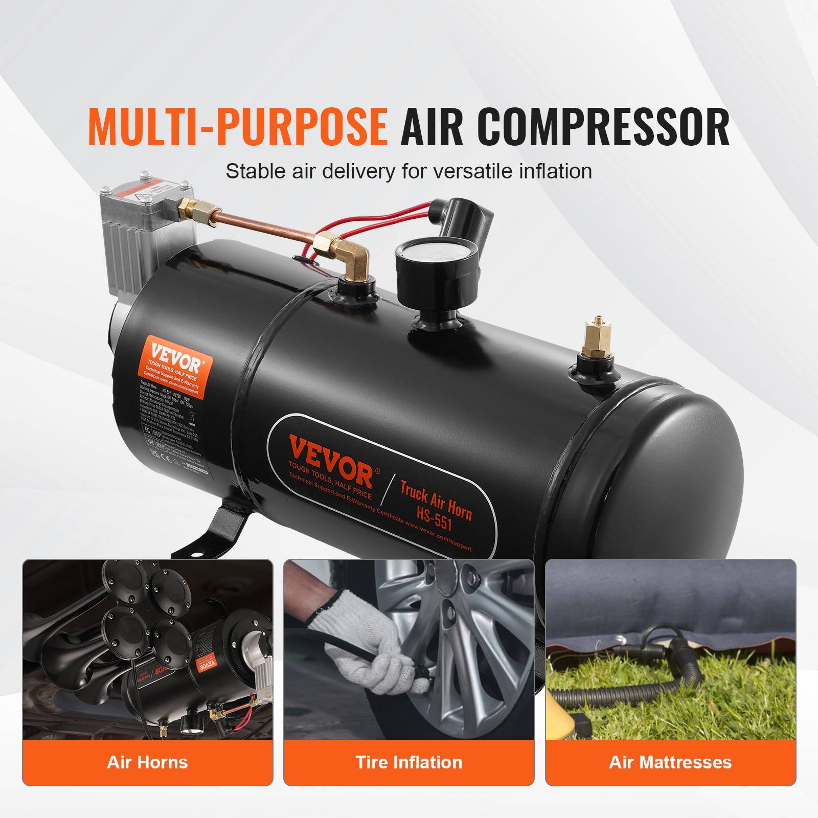 VEVOR Compresseur d'air 12V, réservoir 3L, 90-120 psi, pour gonflage pneus, matelas, compatible véhicules. - Image 4