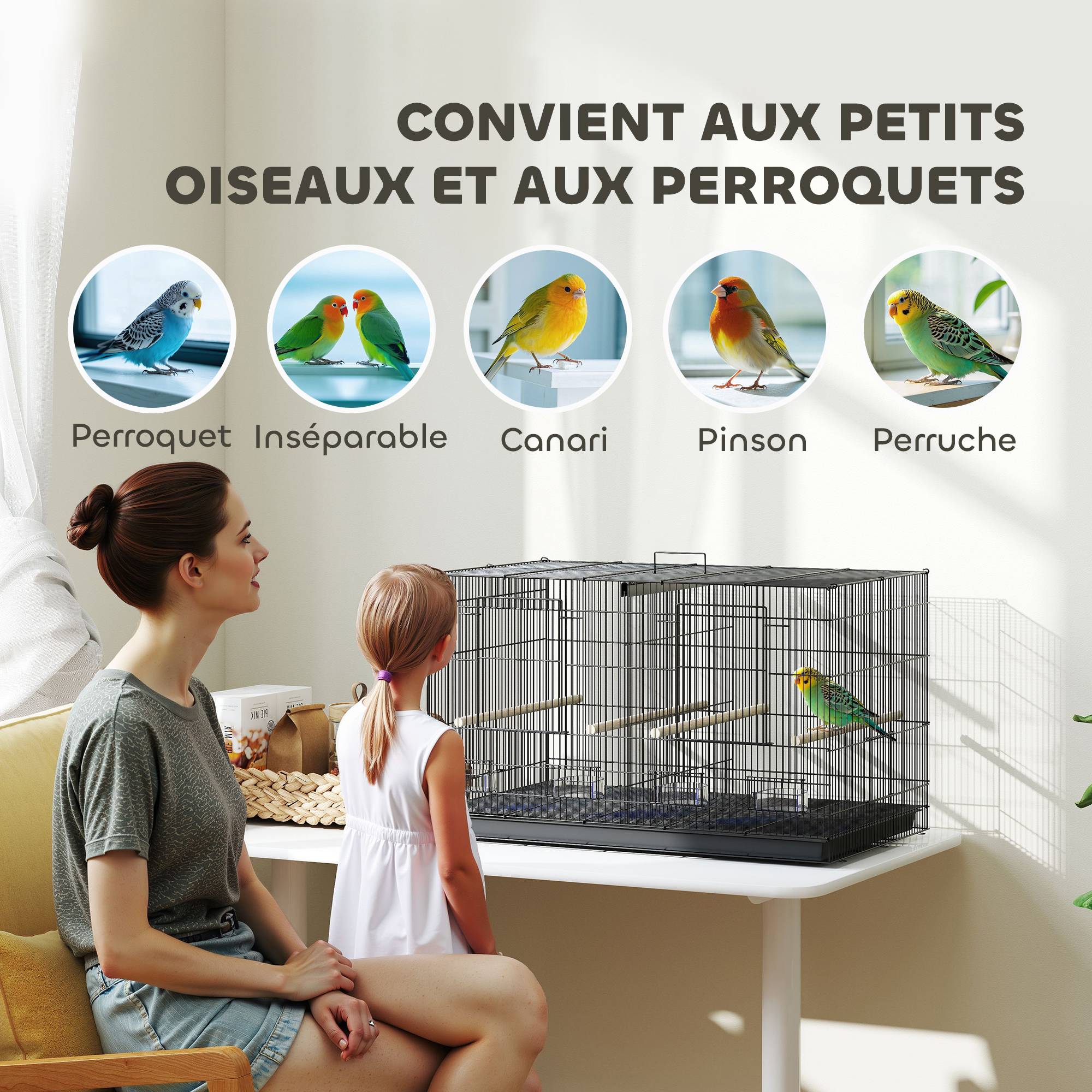 Sans Marque - Cage à oiseaux volière intérieur acier avec séparateur 4 perchoirs plateau coulissant 4 mangeoires 76 x 46 x 46 cm noir - Image 10