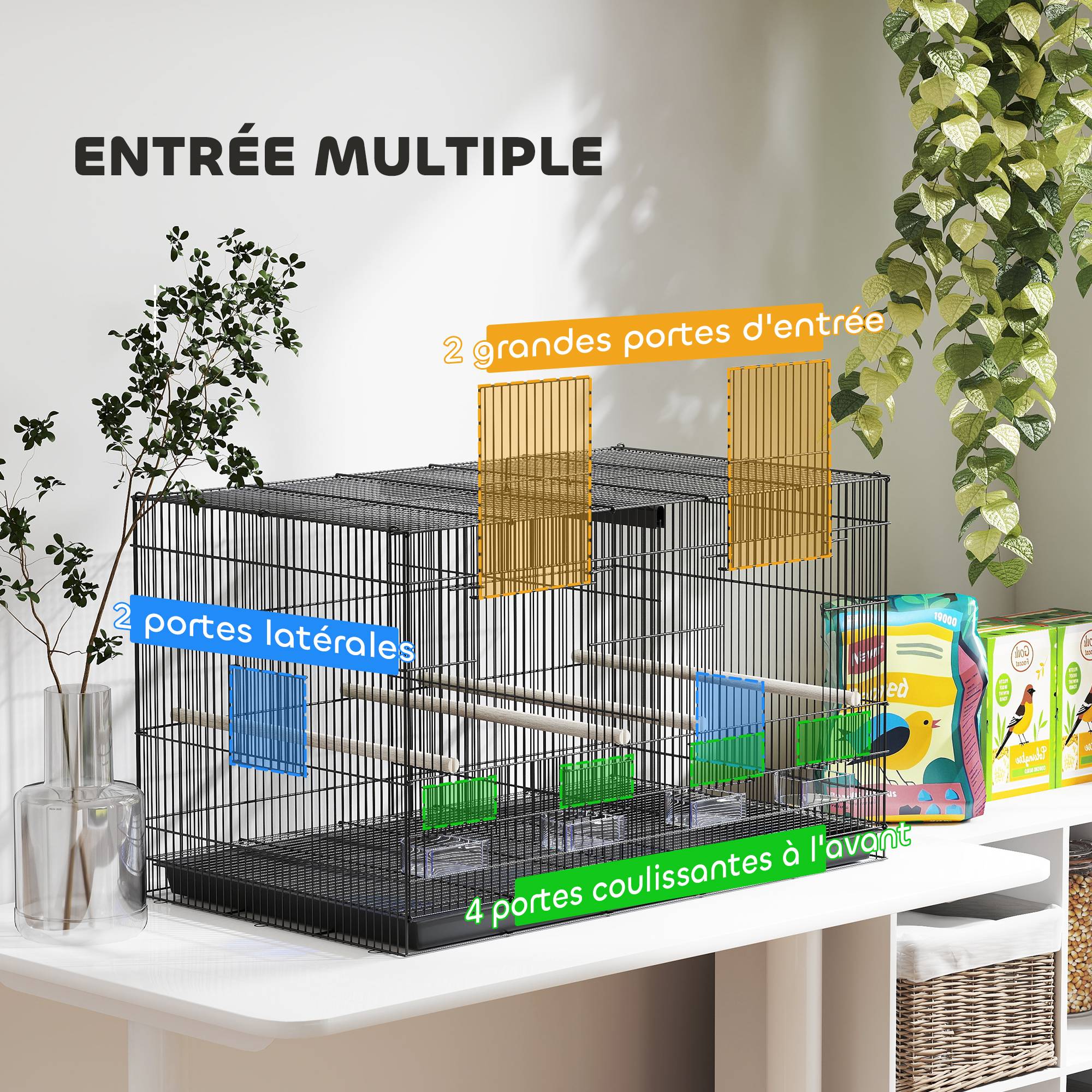 Sans Marque - Cage à oiseaux volière intérieur acier avec séparateur 4 perchoirs plateau coulissant 4 mangeoires 76 x 46 x 46 cm noir - Image 8