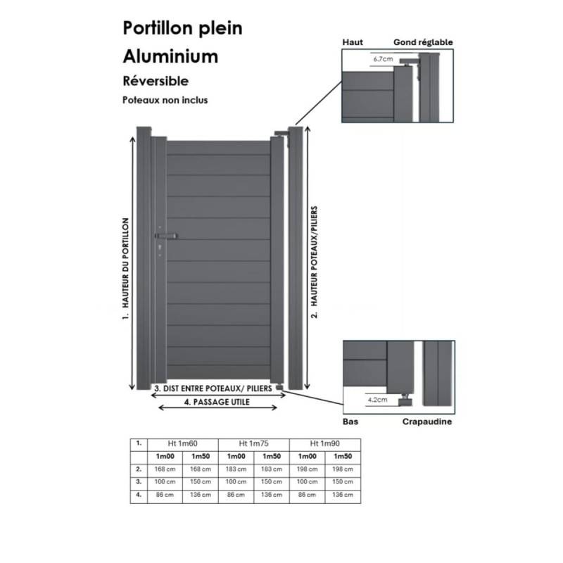 Portillon Aluminium Plein - Largeur 1m - Hauteur 1m60 – Gris anthracite - Prêt à poser - Easy Clôture - Image 5