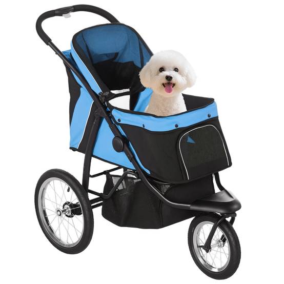 Poussette pour chien de petite à moyenne taille avec panier de rangement, capote réglable et fenêtre en filet, 111 x 58 x 107 cm, bleue - Image 1