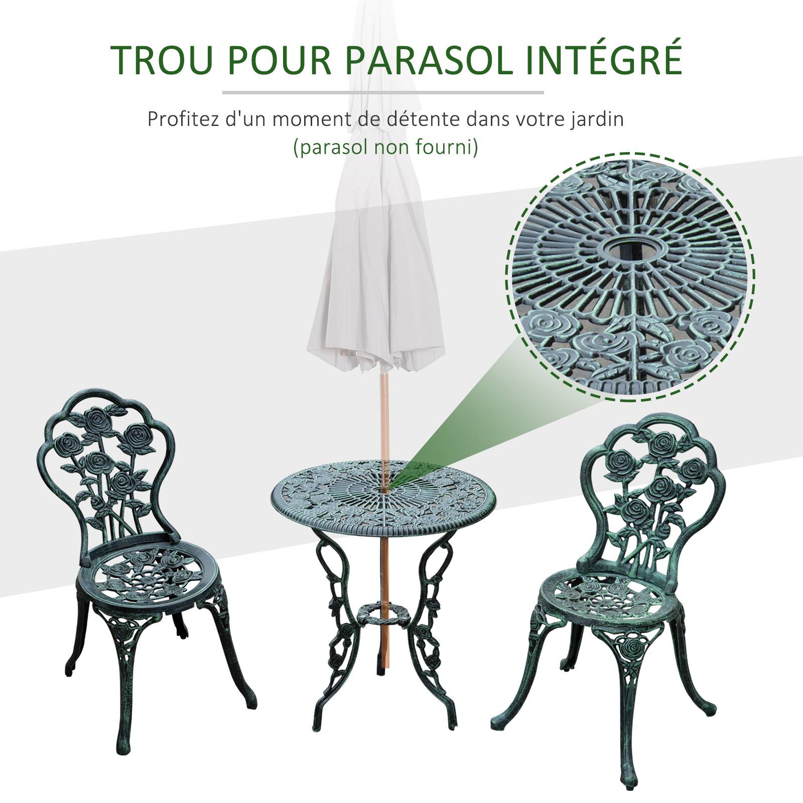 Outsunny - Ensemble salon de jardin 2 places 2 chaises + table ronde style néo-rétro motif rose lignes fuselées fonte d'aluminium vert vieilli - Outsunny - Image 6
