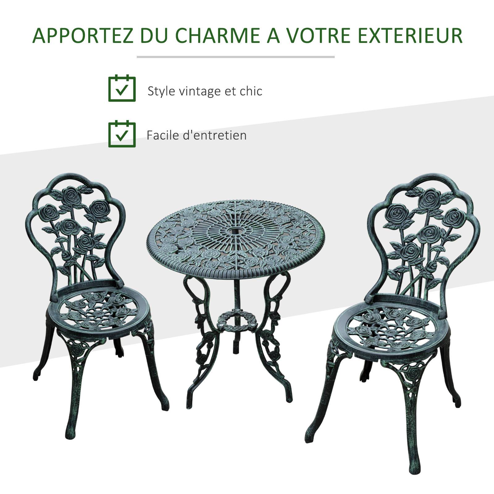 Outsunny - Ensemble salon de jardin 2 places 2 chaises + table ronde style néo-rétro motif rose lignes fuselées fonte d'aluminium vert vieilli - Outsunny - Image 4