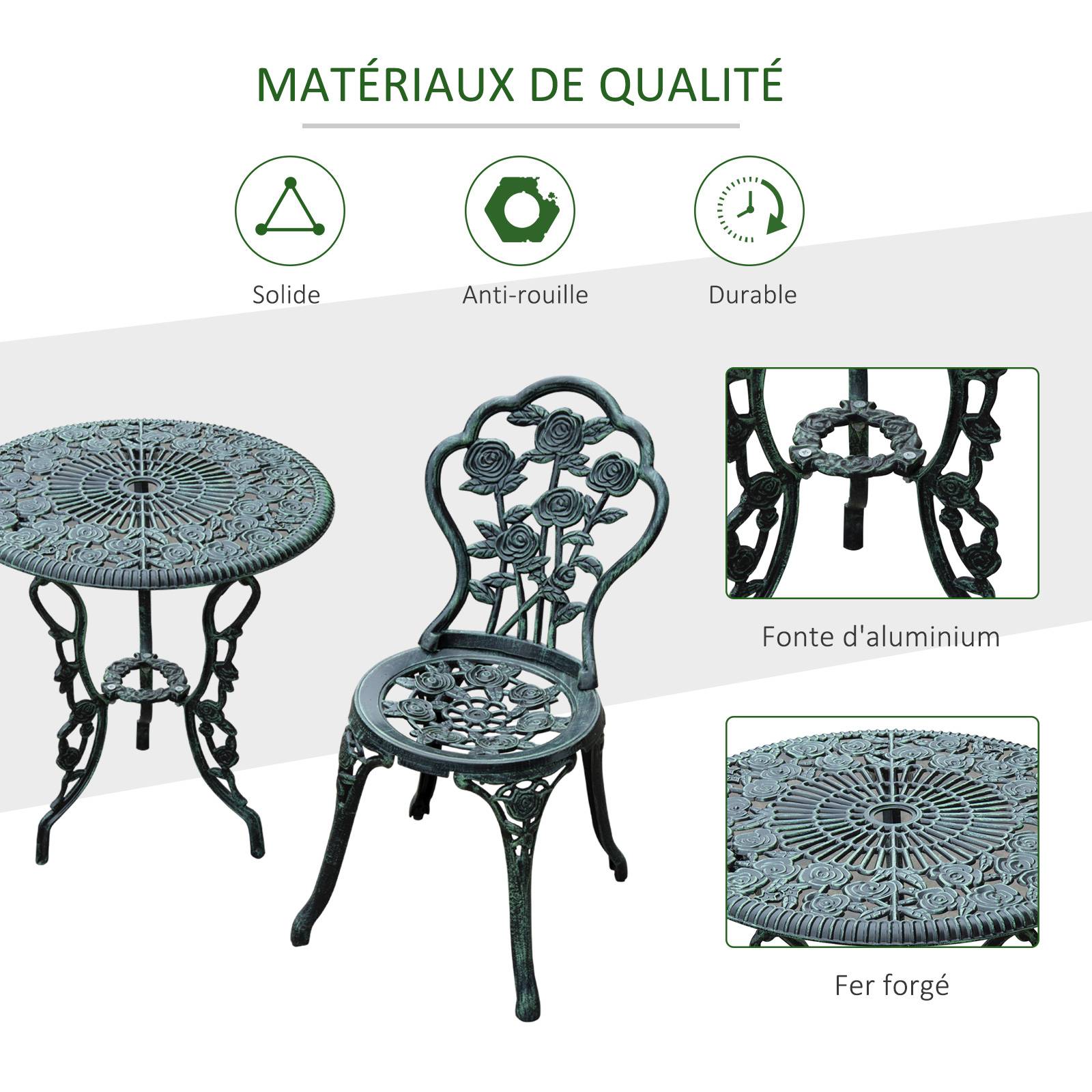 Outsunny - Ensemble salon de jardin 2 places 2 chaises + table ronde style néo-rétro motif rose lignes fuselées fonte d'aluminium vert vieilli - Outsunny - Image 5