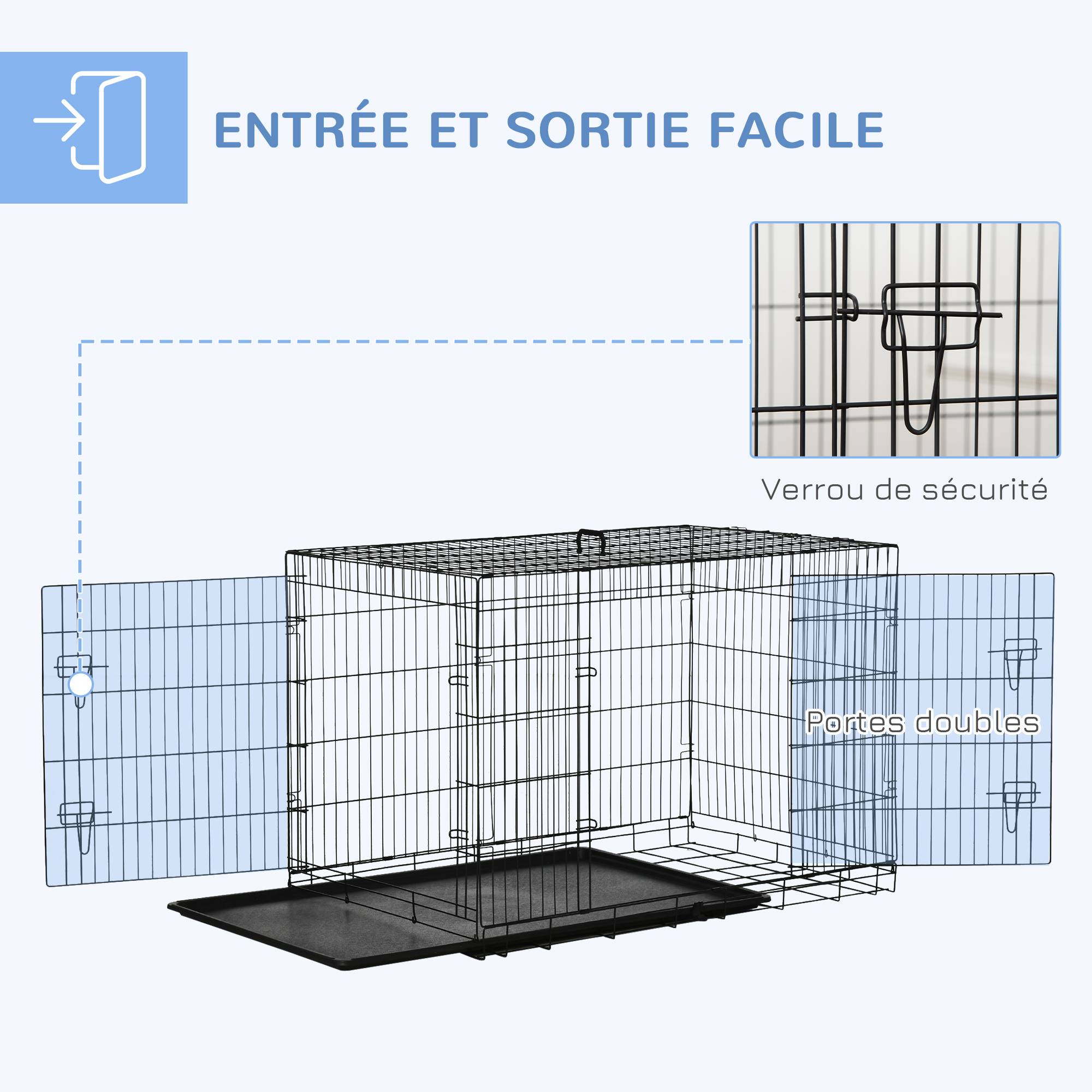 Sans Marque - Cage caisse de transport pliante pour chien en acier 2 portes verrouillables 121 x 77 x 82 cm noir - Image 6