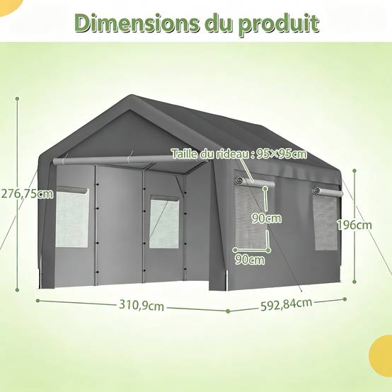 Tente-garage carport 593×311×277 cm, toit amovible, parois et fenêtres, acier galvanisé gris - Image 2