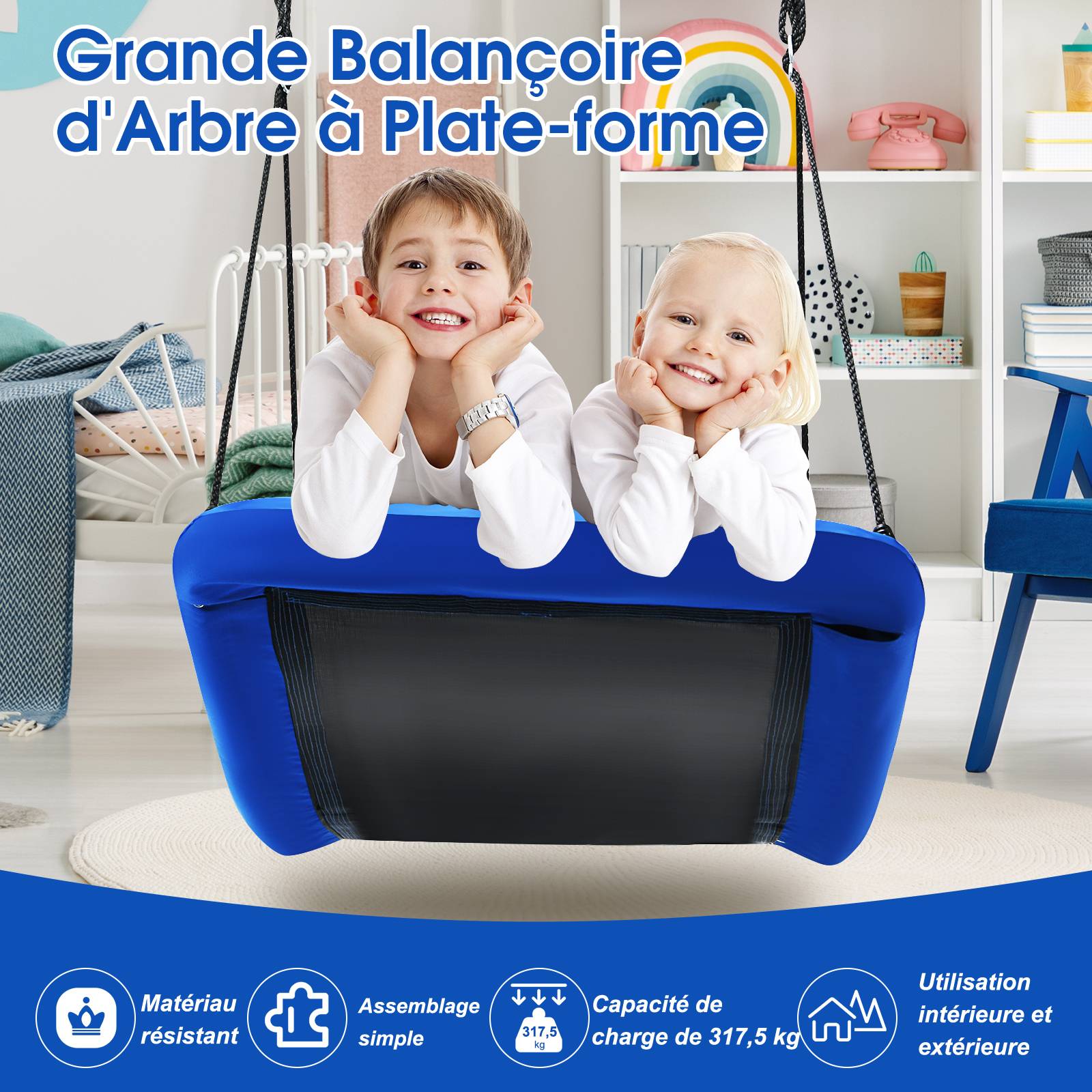 Balançoire nid d'oiseau rectangulaire 155 x 83 cm avec cordes de réglables charge 120kg bleu - Image 5