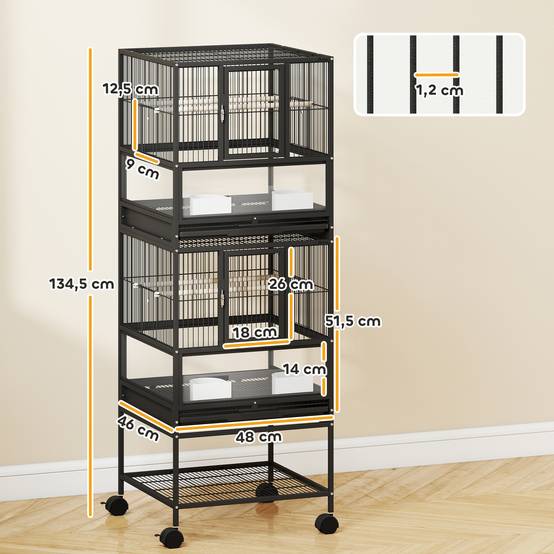 Volière Double 2 Niveaux Acrylique pour Canaris et Perruches sur Roulettes Étagère 134,5cm Noir - ComfortXL Outdoor Living - Image 5