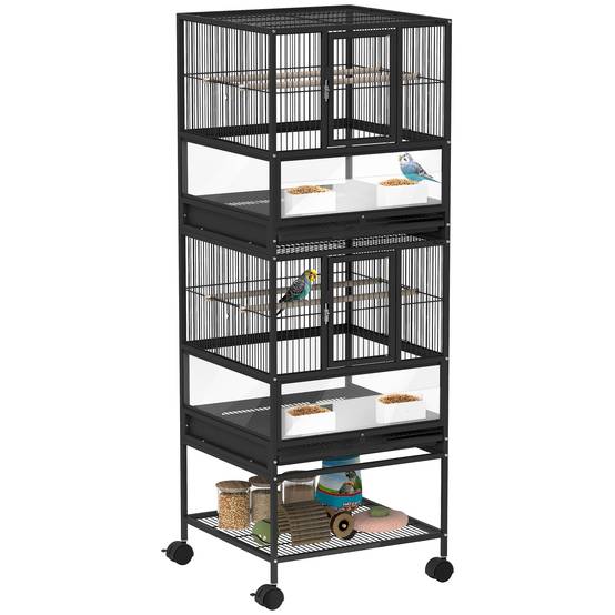 Volière Double 2 Niveaux Acrylique pour Canaris et Perruches sur Roulettes Étagère 134,5cm Noir - ComfortXL Outdoor Living - Image 1