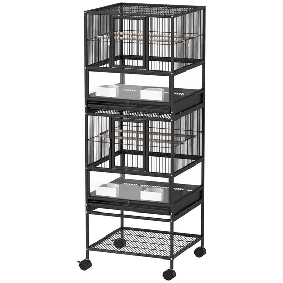 Volière Double 2 Niveaux Acrylique pour Canaris et Perruches sur Roulettes Étagère 134,5cm Noir - ComfortXL Outdoor Living - Image 2
