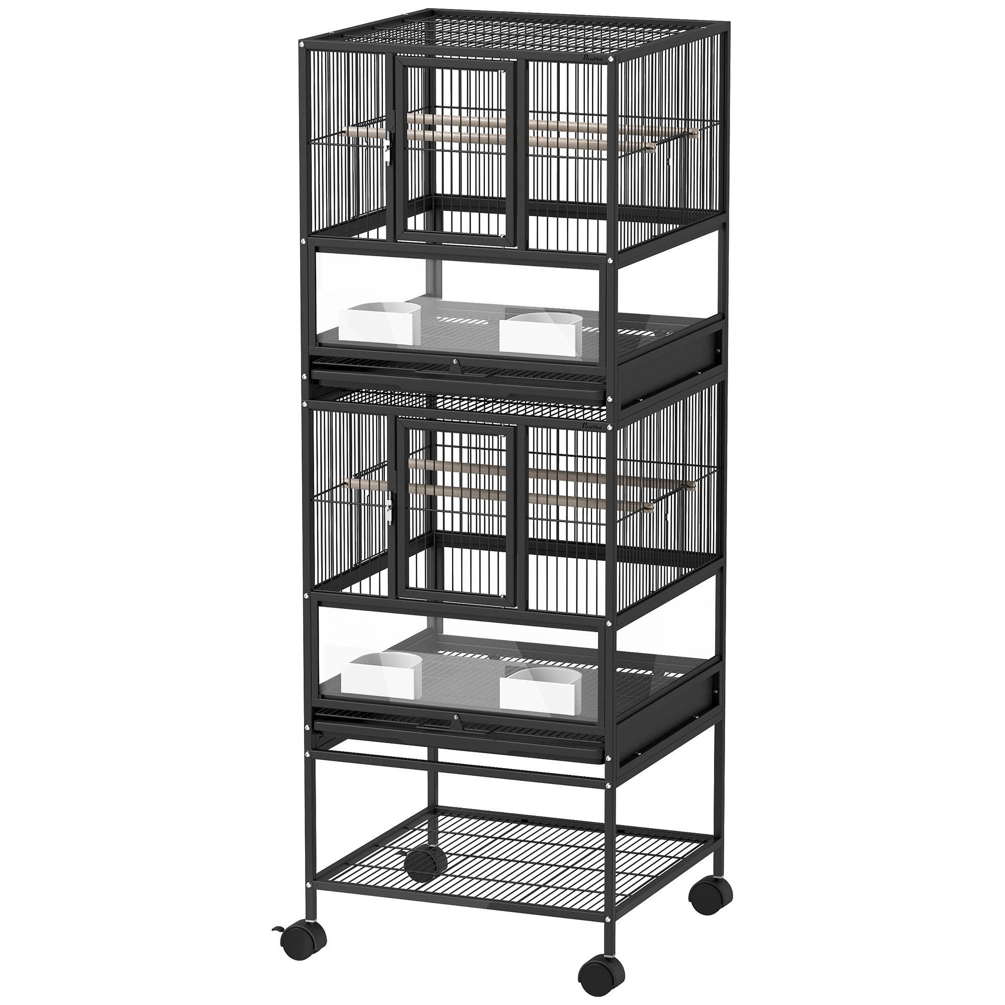 Volière Double 2 Niveaux Acrylique pour Canaris et Perruches sur Roulettes Étagère 134,5cm Noir - ComfortXL Outdoor Living - Image 2
