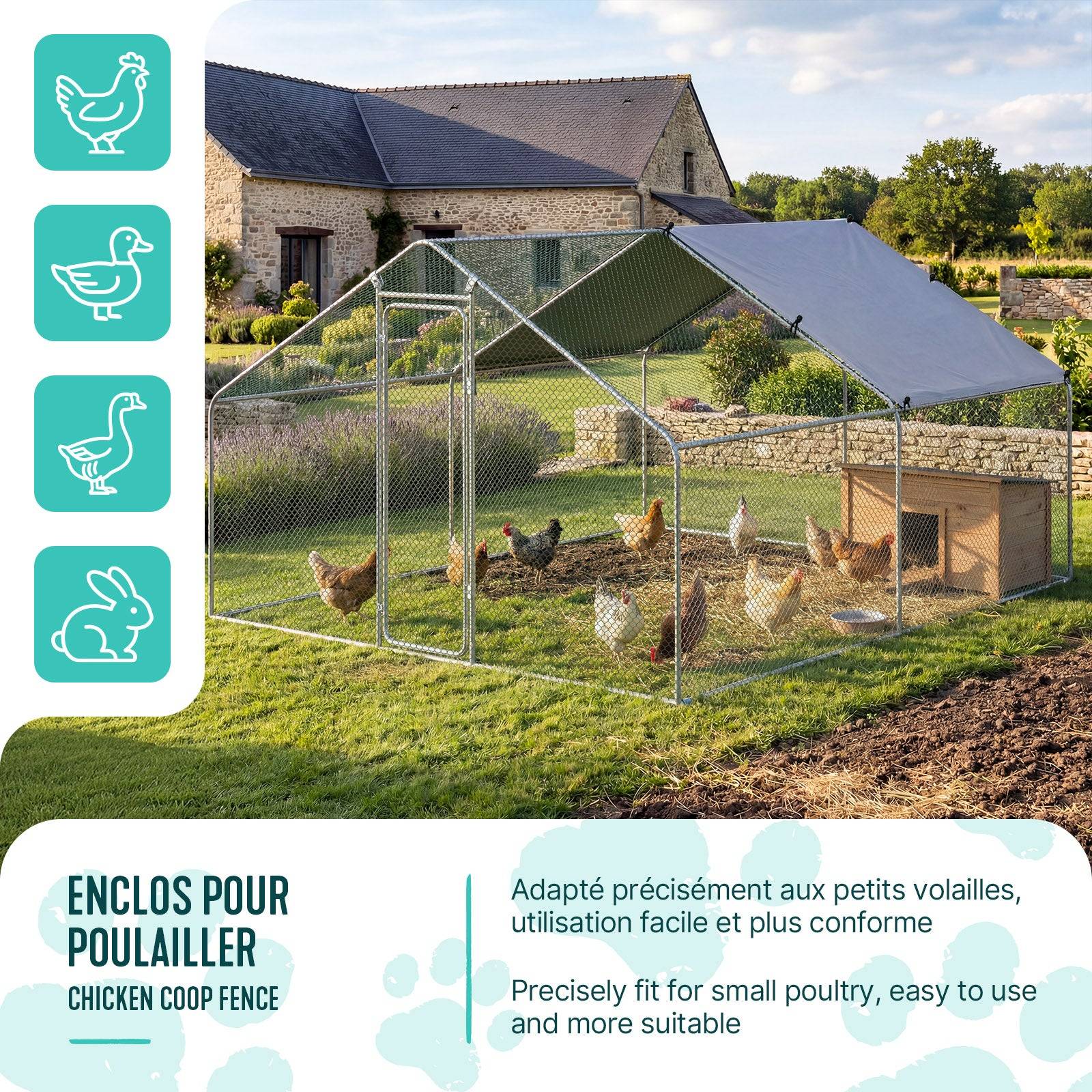 Enclos poulailler 9m2 en metal galvanise et grillage avec bache PE 300x300x200cm - Image 2