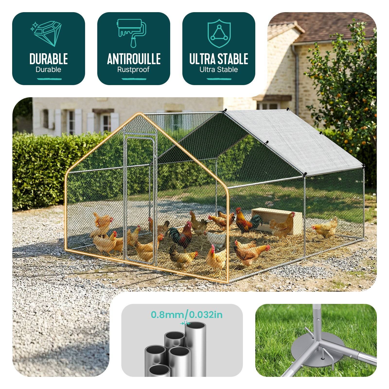 Enclos poulailler 9m2 en metal galvanise et grillage avec bache PE 300x300x200cm - Image 5