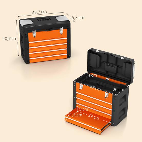 Sans Marque - Boîte à outils vide, 49,7 x 25,3 x 40,7 cm boîte à outils avec 4 tiroirs, mini boîte en acier orange - Image 5