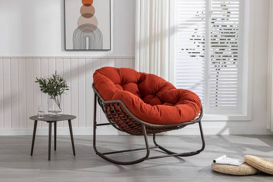 Fauteuil à bascule rotin synthétique extérieur coussin rembourré orange 90x106cm - ComfortXL Outdoor Living - Image 7