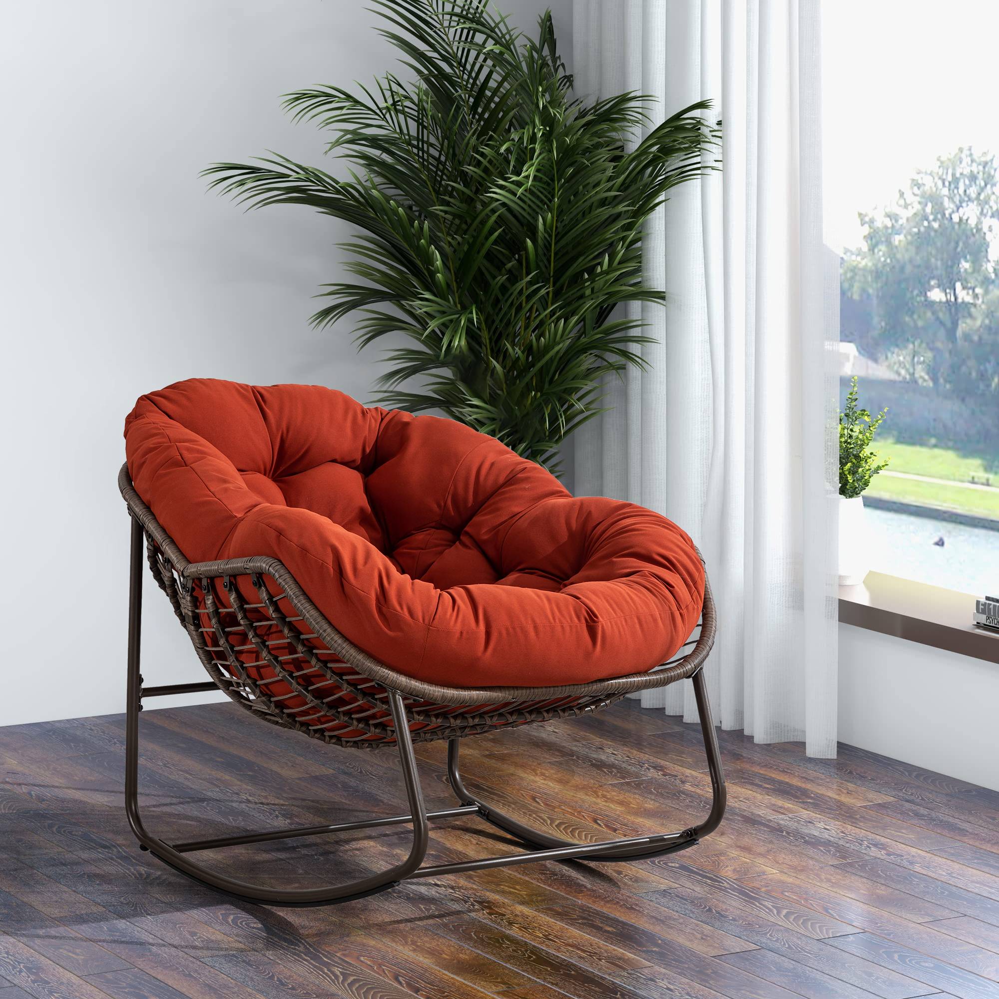 Fauteuil à bascule rotin synthétique extérieur coussin rembourré orange 90x106cm - ComfortXL Outdoor Living