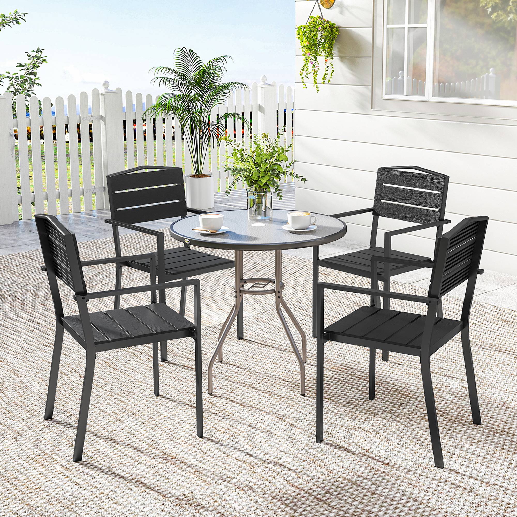 Outsunny - Lot de 4 chaises de jardin empilables avec accoudoirs - métal et HDPE - noir - Outsunny - Image 2