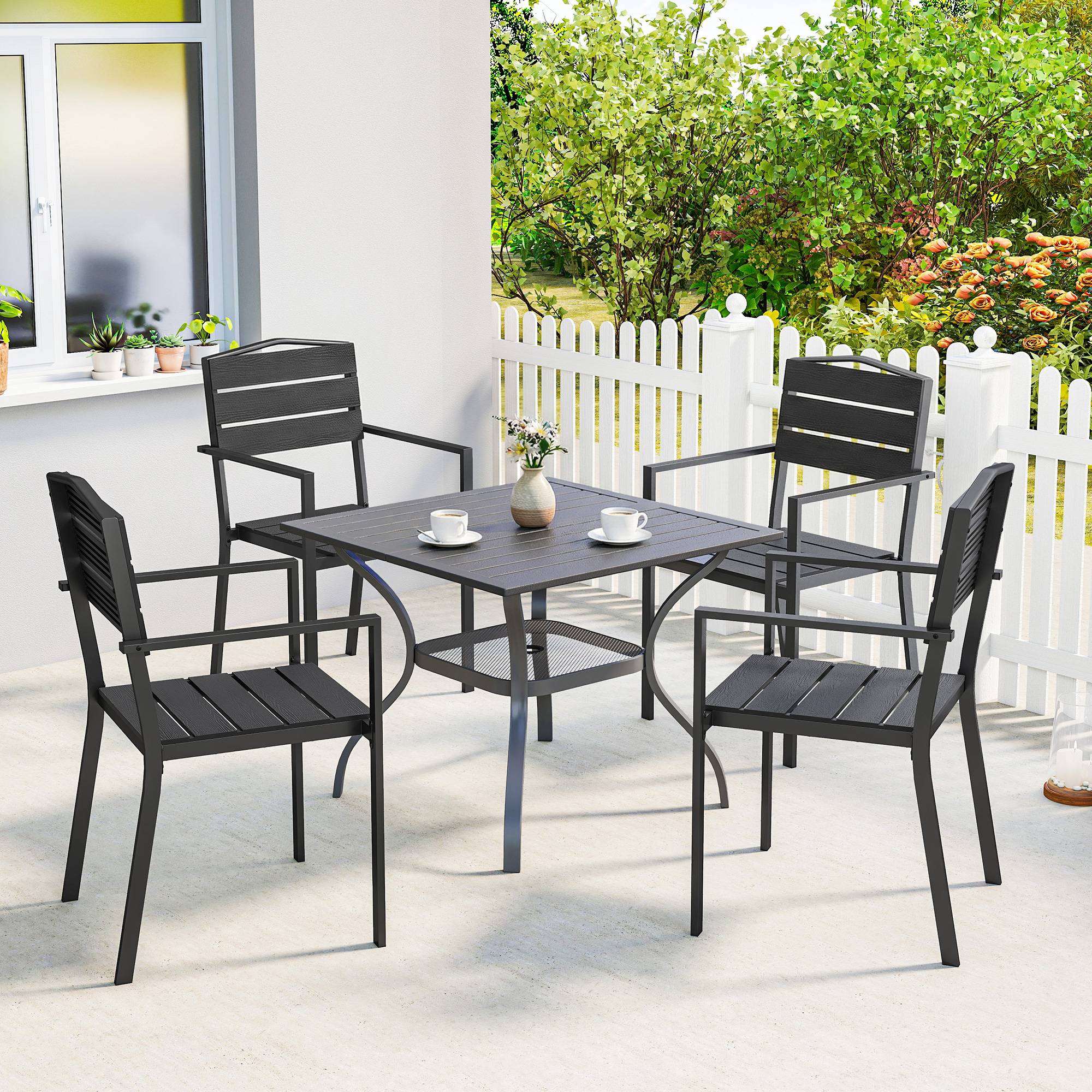 Outsunny - Lot de 4 chaises de jardin empilables avec accoudoirs - métal et HDPE - noir - Outsunny - Image 6