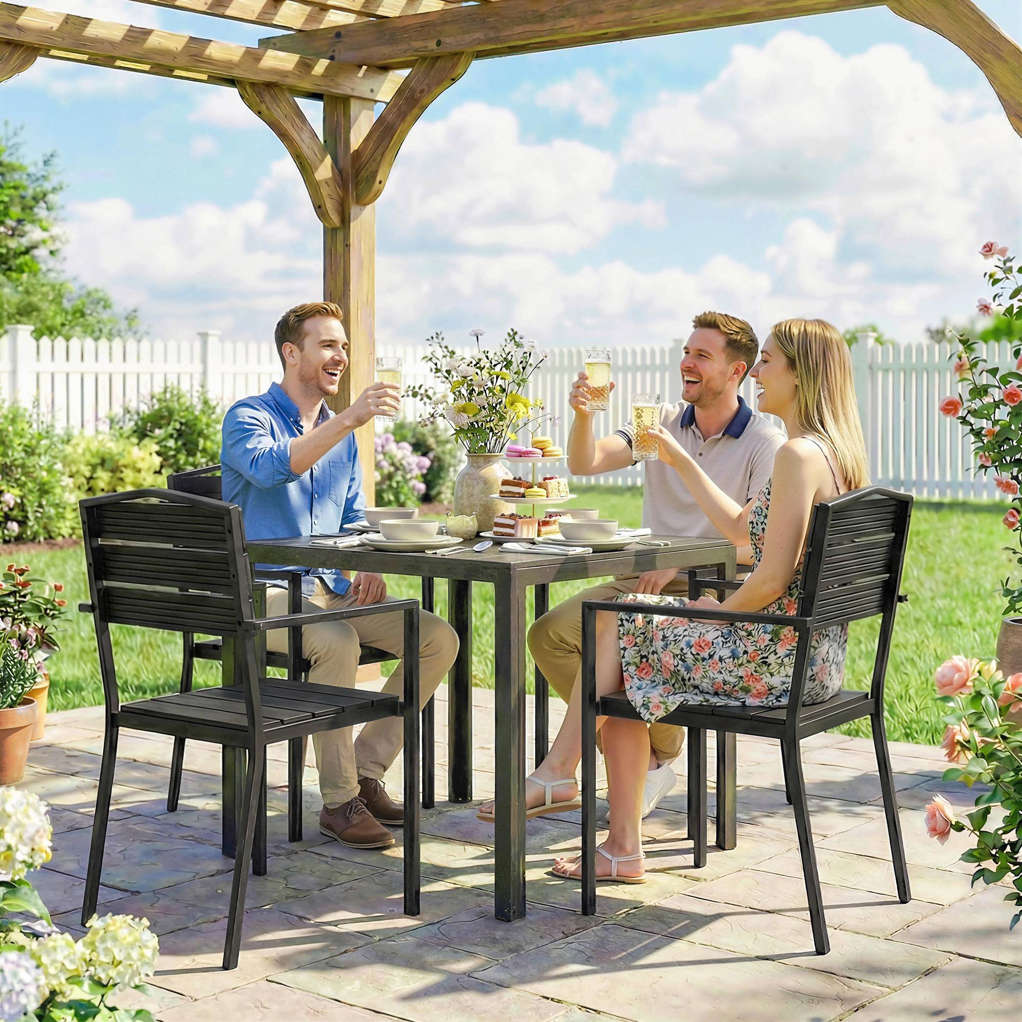 Outsunny - Lot de 4 chaises de jardin empilables avec accoudoirs - métal et HDPE - noir - Outsunny - Image 4