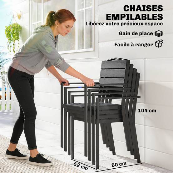 Outsunny - Lot de 4 chaises de jardin empilables avec accoudoirs - métal et HDPE - noir - Outsunny - Image 7