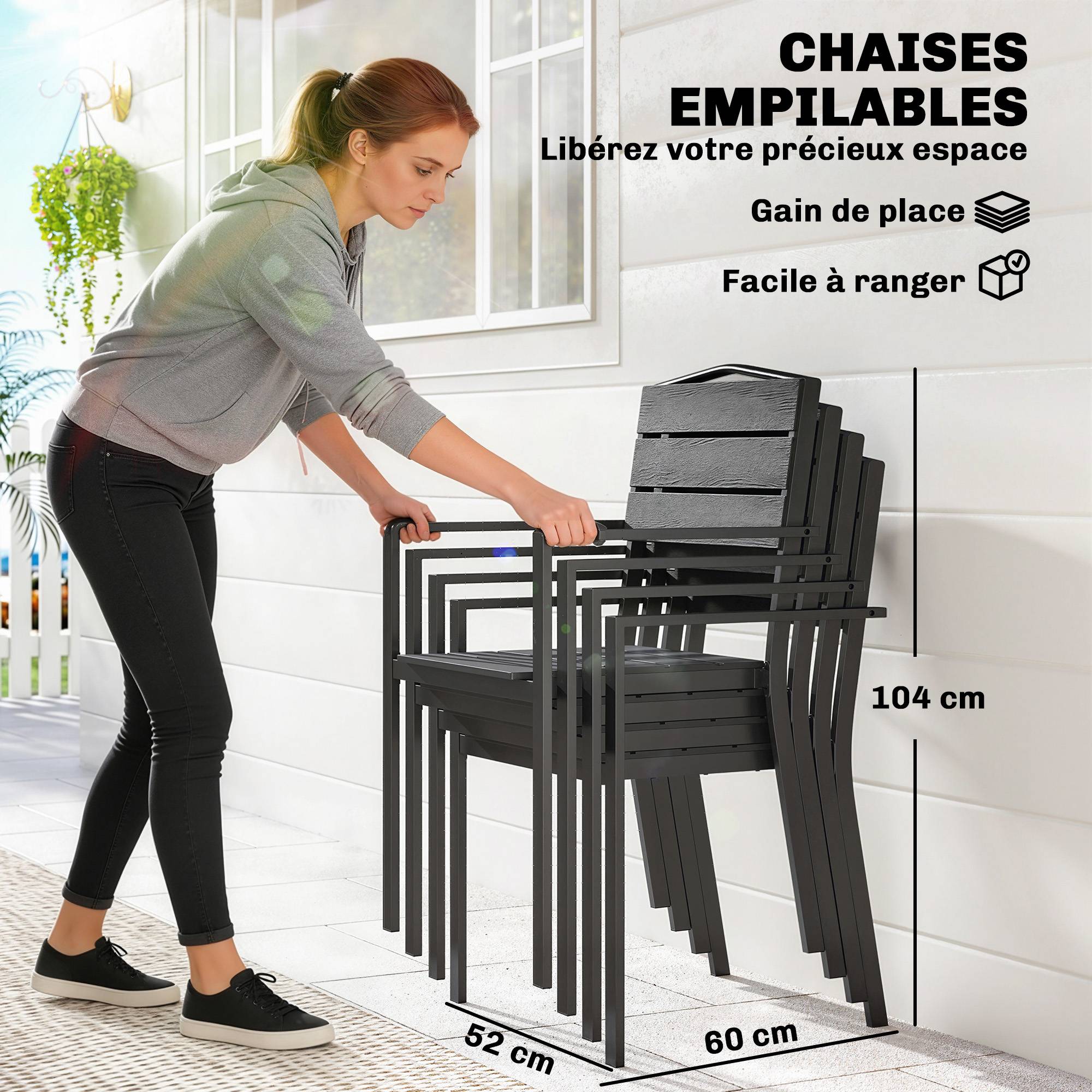 Outsunny - Lot de 4 chaises de jardin empilables avec accoudoirs - métal et HDPE - noir - Outsunny - Image 7