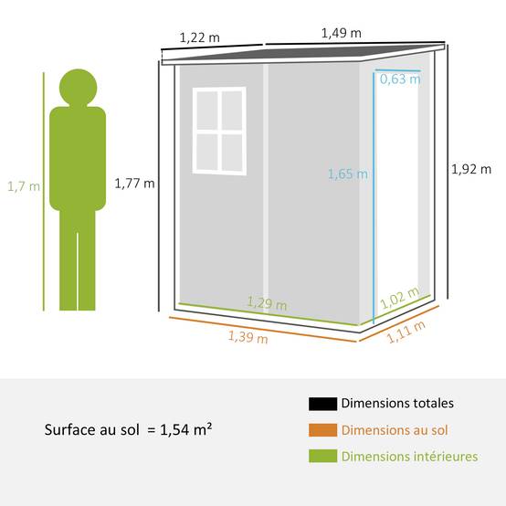 Abri de jardin aluminium extérieur rangement outils avec fenêtre toit pente 122x149x192cm gris - ComfortXL Outdoor Living - Image 5