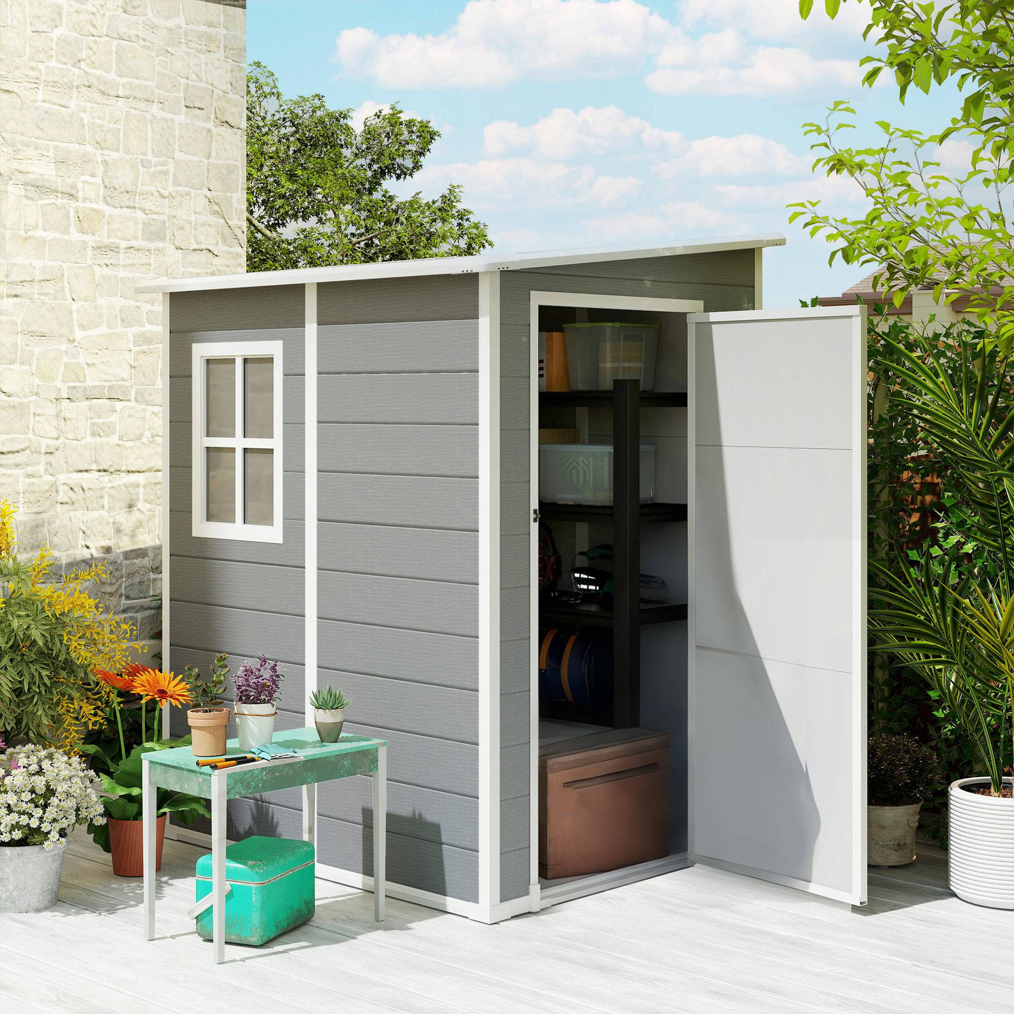 Abri de jardin aluminium extérieur rangement outils avec fenêtre toit pente 122x149x192cm gris - ComfortXL Outdoor Living - Image 3