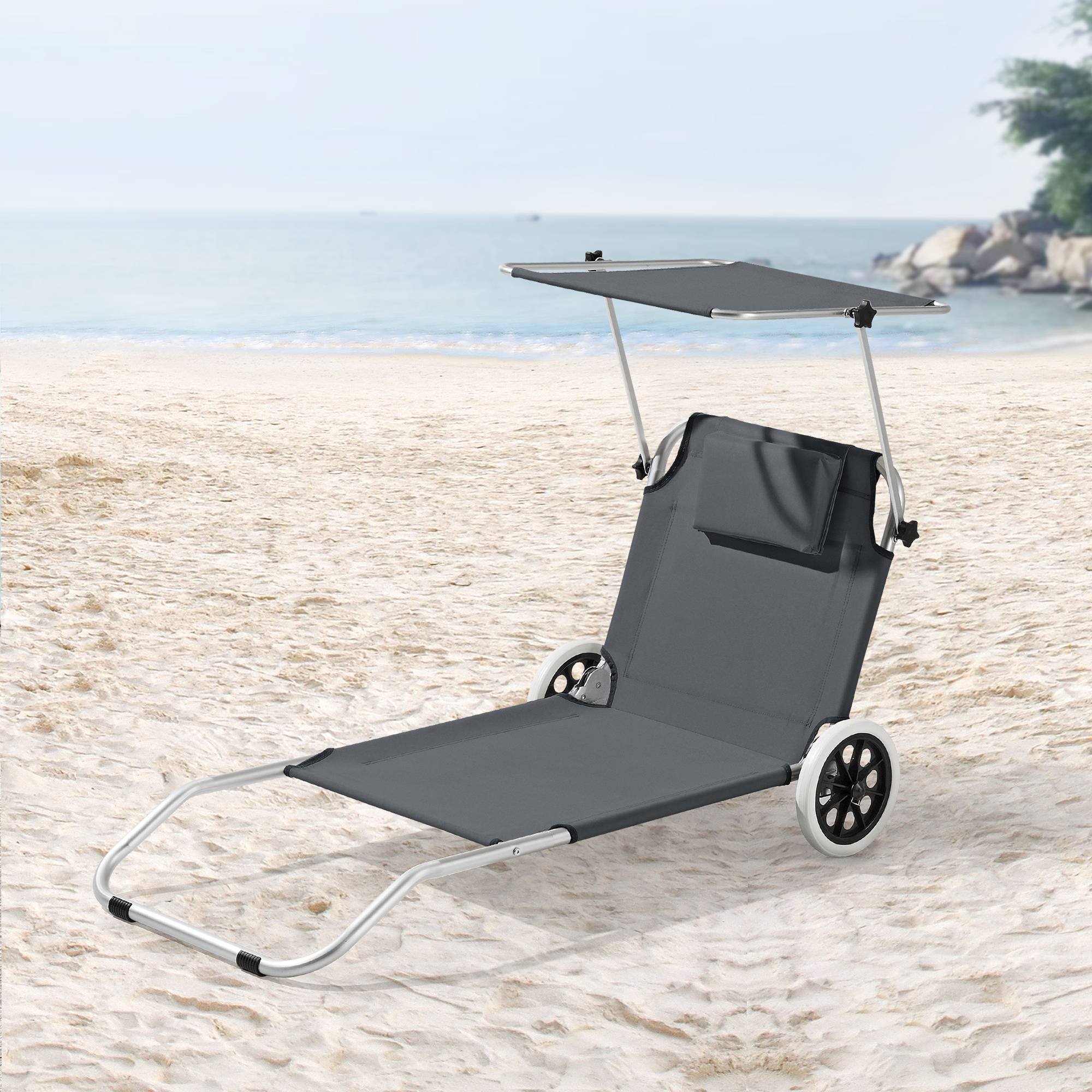 Transat à roulettes Lazkano Aluminium Polyester Argenté Mat Gris Foncé [en.casa] - Image 2