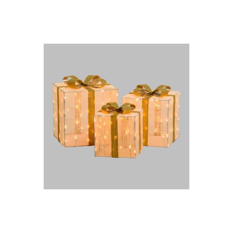 Lotti - Lot de 3 Paquets Cadeaux 3D lumineux H40 35 30cm LED ambré fil tressé crème et marron Lotti - Image 5