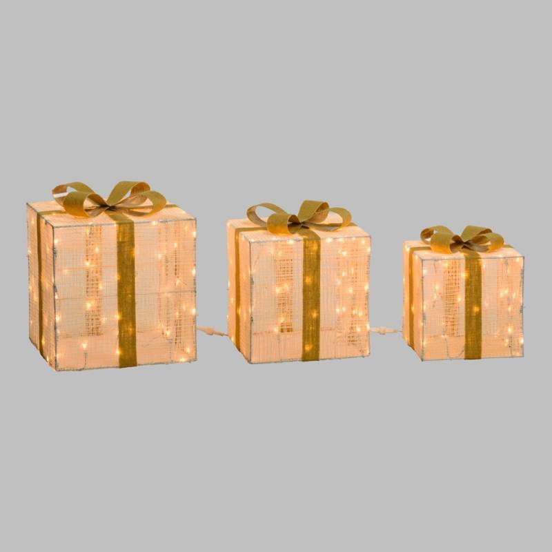 Lotti - Lot de 3 Paquets Cadeaux 3D lumineux H40 35 30cm LED ambré fil tressé crème et marron Lotti - Image 3