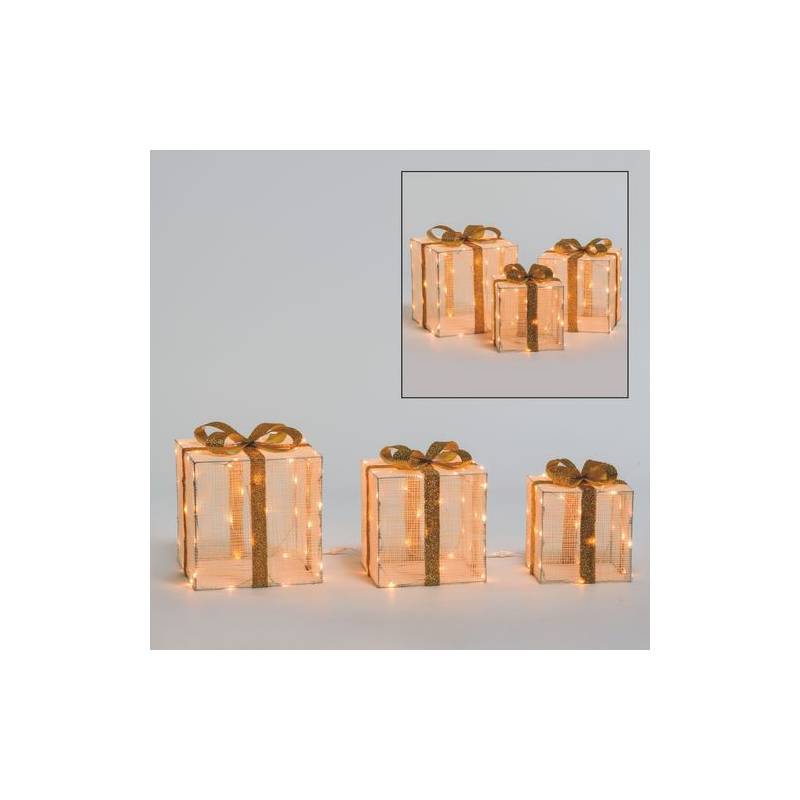 Lotti - Lot de 3 Paquets Cadeaux 3D lumineux H40 35 30cm LED ambré fil tressé crème et marron Lotti - Image 10