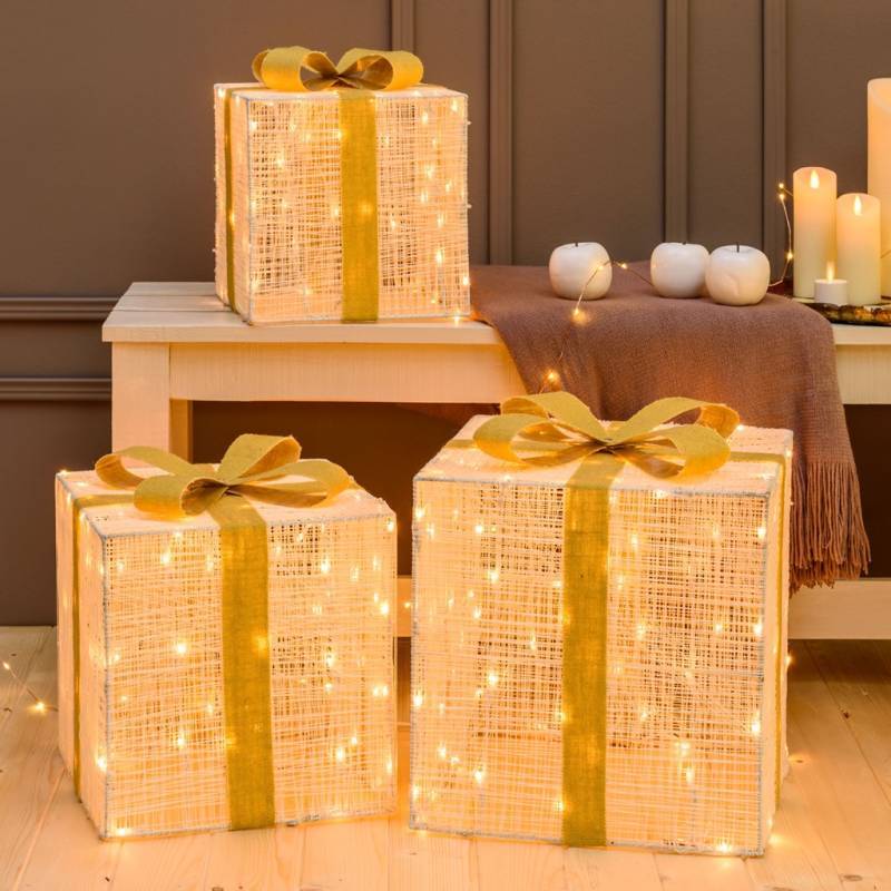 Lotti - Lot de 3 Paquets Cadeaux 3D lumineux H40 35 30cm LED ambré fil tressé crème et marron Lotti - Image 7