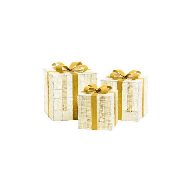 Lotti - Lot de 3 Paquets Cadeaux 3D lumineux H40 35 30cm LED ambré fil tressé crème et marron Lotti - Image 6