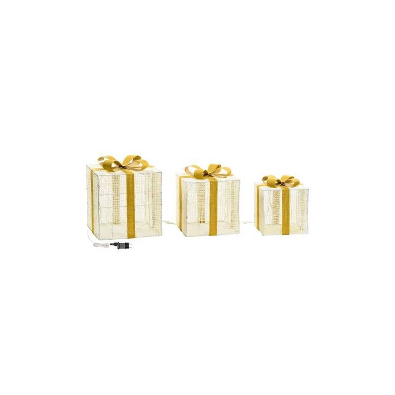 Lotti - Lot de 3 Paquets Cadeaux 3D lumineux H40 35 30cm LED ambré fil tressé crème et marron Lotti - Image 4