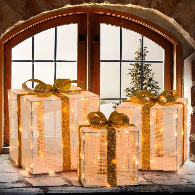 Lotti - Lot de 3 Paquets Cadeaux 3D lumineux H40 35 30cm LED ambré fil tressé crème et marron Lotti - Image 1