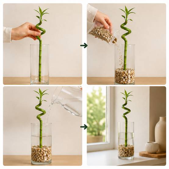 Lucky Bamboo 3x Dracaena sanderiana - Plante, Verre et Pierres - 40-45cm - Image 3