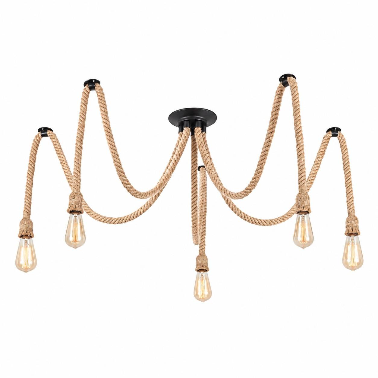 Suspension Vintage Tresse Chanvre Industrielle 5 Têtes Réglable Métal Noir - Image 1